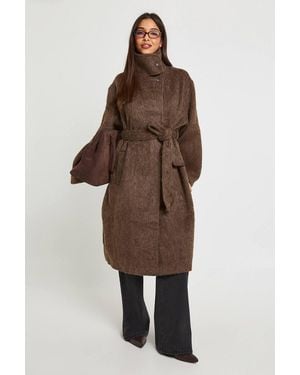Boohoo Maxi Belted Wool Blend Coat - Brown