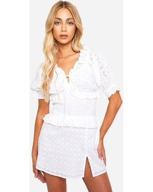 Boohoo Broderie Shirred Puff Sleeve Top - White