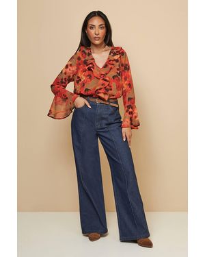 Wallis Petite Floral Print Ruffle Detail Blouse - Blue