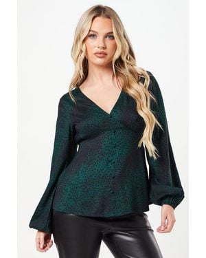 Dorothy Perkins Petite Khaki Animal Long Sleeve Button Front Tea Blouse - Green