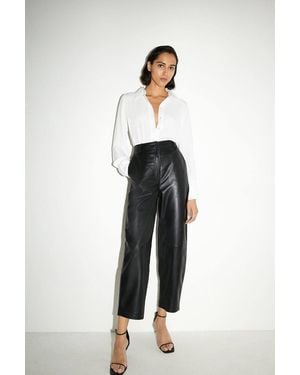 Warehouse Real Leather Barrel Leg Trouser - Black