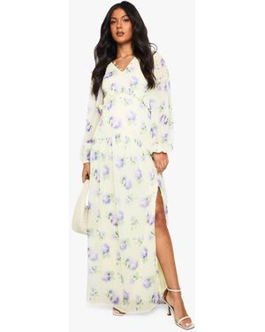 Boohoo Maternity Chiffon Long Sleeve Pleated Waist Maxi Dress - White