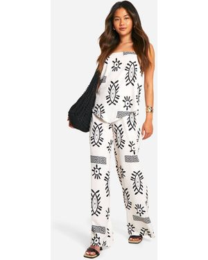 Boohoo Hammered V Hem Boho Bandeau & Wide Leg Pants - White