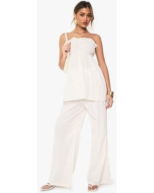 Boohoo Linen Look Longline Bandeau And Wide Leg Trouser Co-Ord - White