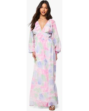 Boohoo Floral Tie Waist Balloon Sleeve Maxi Dress - Red