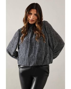 Wallis Metallic Geometric High Neck Blouse - Black