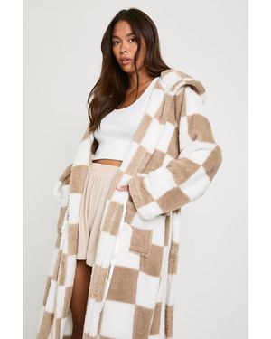 Boohoo Flannelerboard Fleece Hooded Long Bathrobe/Robe - Natural