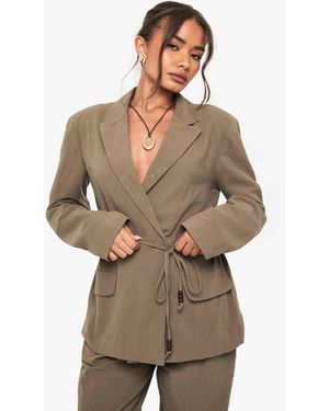Boohoo Linen Wrap Over Beaded Tie Detail Blazer - Brown