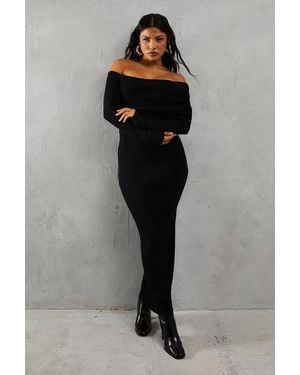 MissPap Knitted Rib Pleated Bardot Long Sleeve Maxi Dress - Black