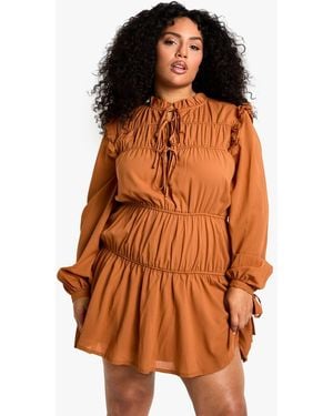 Boohoo Plus Ruched Voluminous Smock Dress - Orange
