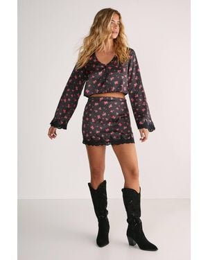 Nasty Gal Satin Ditsy Floral Lace Trim Button Through Crop Top - Black