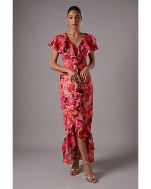 Coast Short Sleeve Chiffon Maxi Dress With Frills - Red