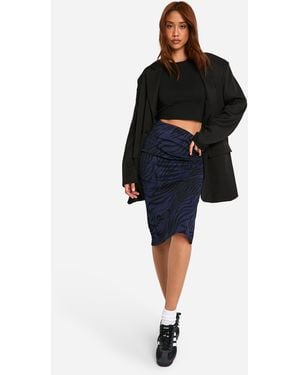 Boohoo Zebra Print Rib Side Split Midi Skirt - Blue