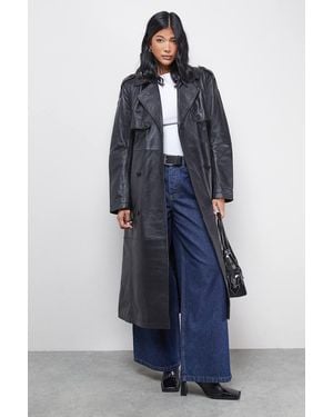 Warehouse Real Leather Belted Trench Coat - Blue