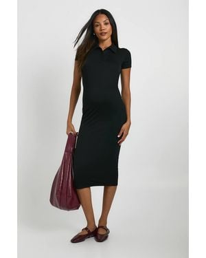 Boohoo Maternity Super Soft Collared Button Down Short Sleeve Midaxi Dress - Black