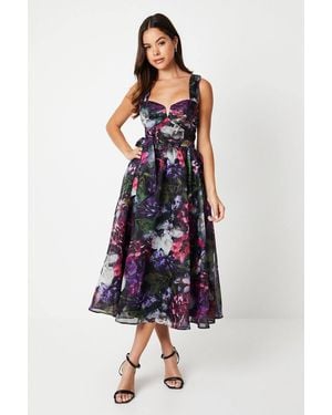 Coast Printed Organza Notch Neck Midi Wedding Guest Dress - Blue