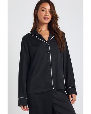 Boohoo Tall Satin Piping Detail Long Sleeve Shirt & Trousers Pyjama Set - Negro