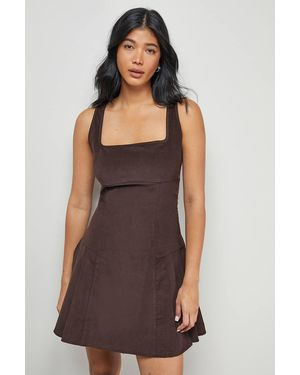 Warehouse Cord Square Neck Pinafore Mini Dress - Brown