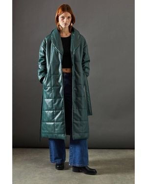 Warehouse Faux Leather Wrap Belted Padded Coat - Gray