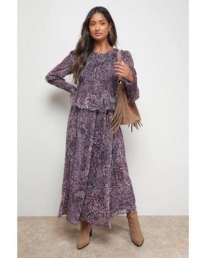 Oasis Western Shirred Bodice Long Sleeve Dress - Purple