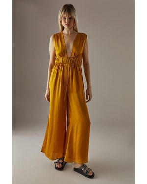 Warehouse Crinkle Satin Plunge Neck Tie Detail Jumpsuit - Natural