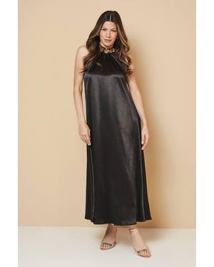 Wallis Satin Embellished Floral Neck Trim Halter Dress - Black