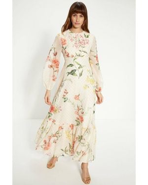 Oasis Petite Trailing Floral Metallic Balloon Sleeve Dress - Natural