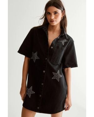 Nasty Gal Star Studded Denim Shirt Dress - Black