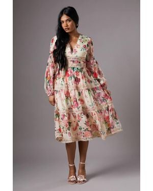 Coast Petite Organza Long Sleeve Printed Lace Trim Dress - White