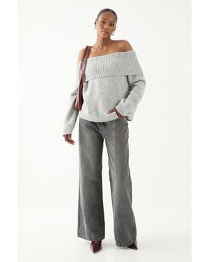 MissPap Premium Knit Bardot Foldover Sweater - Gray