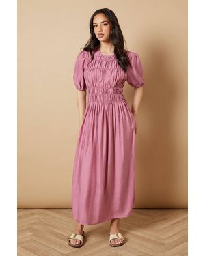 Oasis Shirred Bodice Puff Sleeve Midi Dress - Pink