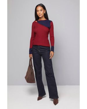 Wallis Color Block Rib Detail Knitted Top - Red