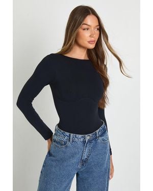 Boohoo Seamless Crew Neck Long Sleeve Bodysuit - Blue