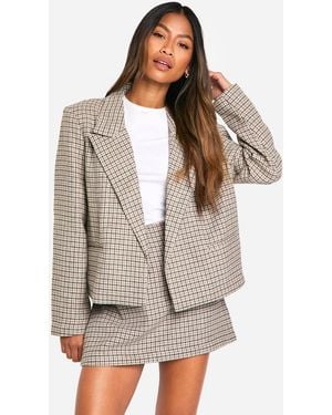 Boohoo Houndstooth Crop Wool Look Blazer - Gray