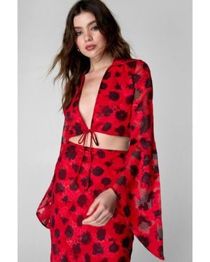 Nasty Gal Burnout Floral Printed Tie Front Top - Red