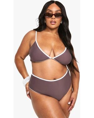 Boohoo Plus Contrast High Waist Tummy Control Bikini Brief - Brown