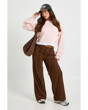 Boohoo Petite Cord Tie Waist Wide Leg Trouser - Brown