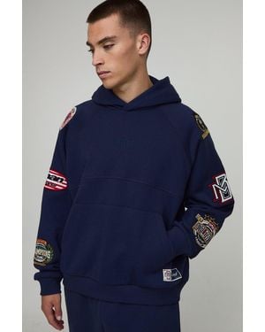 Boohoo Oversized Boxy Varsity Badge Hoodie - Blue