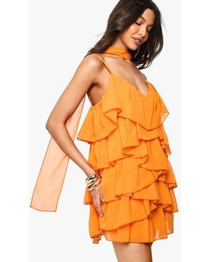 Boohoo Chiffon Scarf Detail Tiered Mini Dress - Orange
