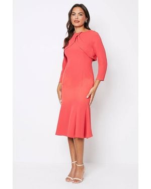 red knee length cocktail dress Badgley Mischka Tweed Rosette Capelet Sheath Dress, Size: 8 in Red main image 0