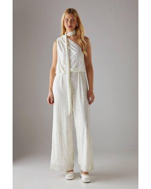 Warehouse Hen Devore One Shoulder Scarf Neck Jumpsuit - Gray