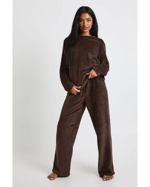 Boohoo Waffle Fleece Jumper & Joggers Lounge Set - Marrón