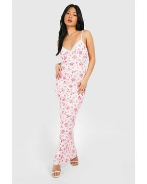 Boohoo Petite Lace Trim Ditsy Floral Rib Maxi Dress - Pink