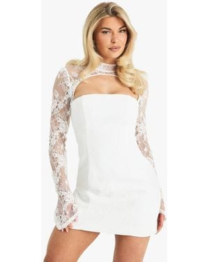 Boohoo Premium High Neck Lace Structured Mini Dress - White