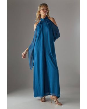 Warehouse Bohemian Halter Cold Shoulder Flared Sleeve Jumpsuit - Blue