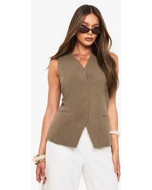 Boohoo Linen Longline V Neck Tailored Waistcoat - Brown