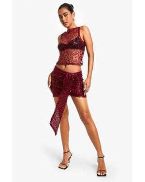 Boohoo Sequin Drape Mini Skirt - Red