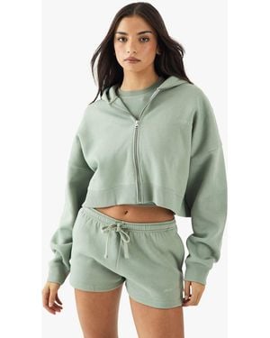 DSGN Studio Embroidered Zip Through Boxy Crop Hoodie - Green