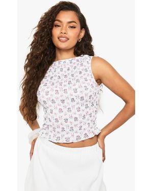 Boohoo Shirred Ditsy Floral Sleeveless Tank Top - White