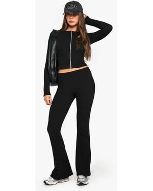 Boohoo Tone Rib Zip Up Top & Flared Trouser - Black
